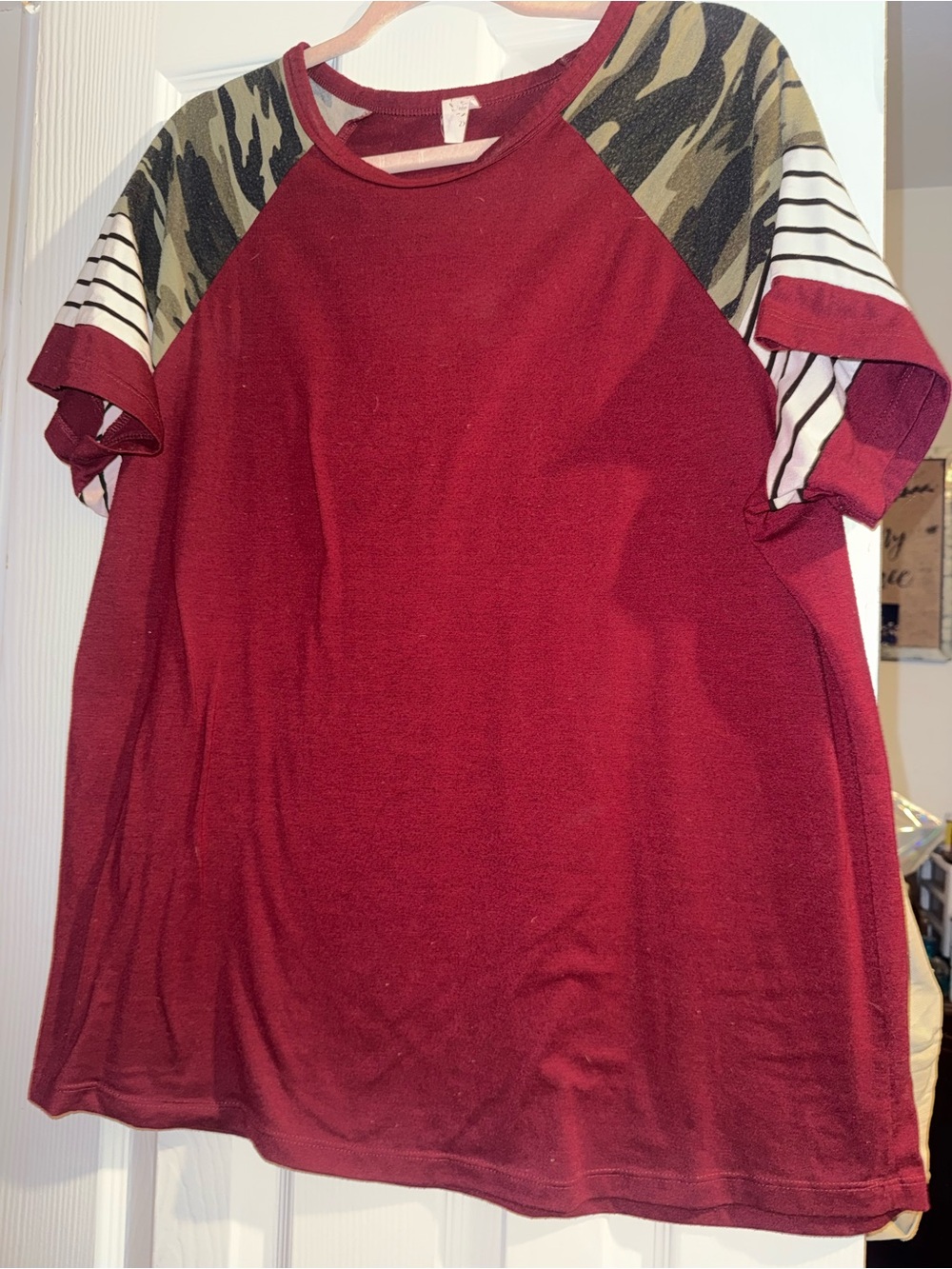 Women's Maroon Raglan Tunic with Camouflage & Stripe Sleeve Detail